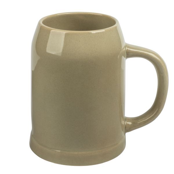 An empty, light brown beer stein made of ceramic or stoneware with a handle, photographed frontally, against a white background.