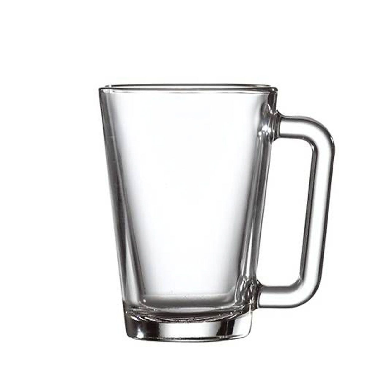 A white, conical mug with a wide, rounded handle on the right side, against a white background.
