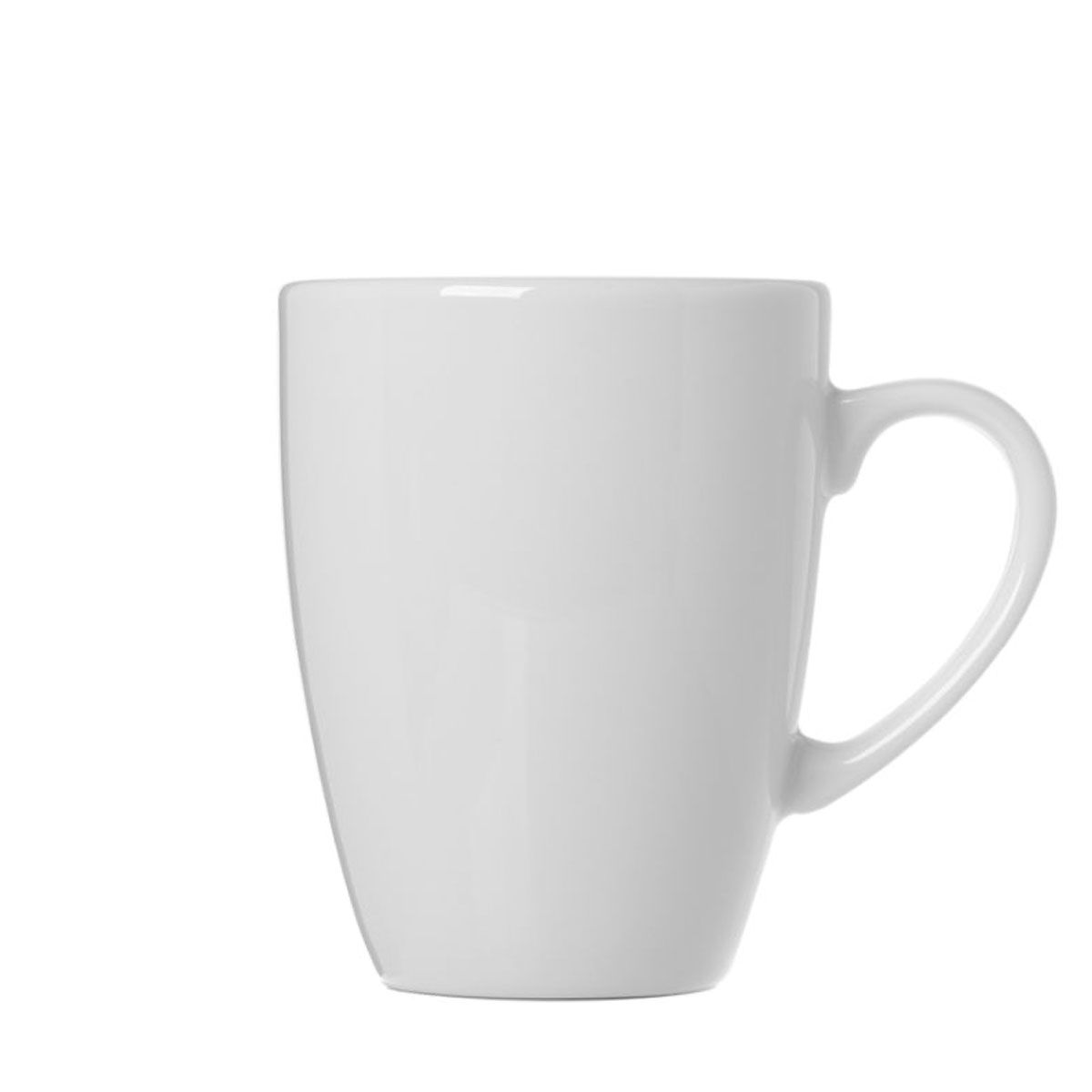 White ceramic mug with a handle and a slightly rounded shape, empty and against a white background.