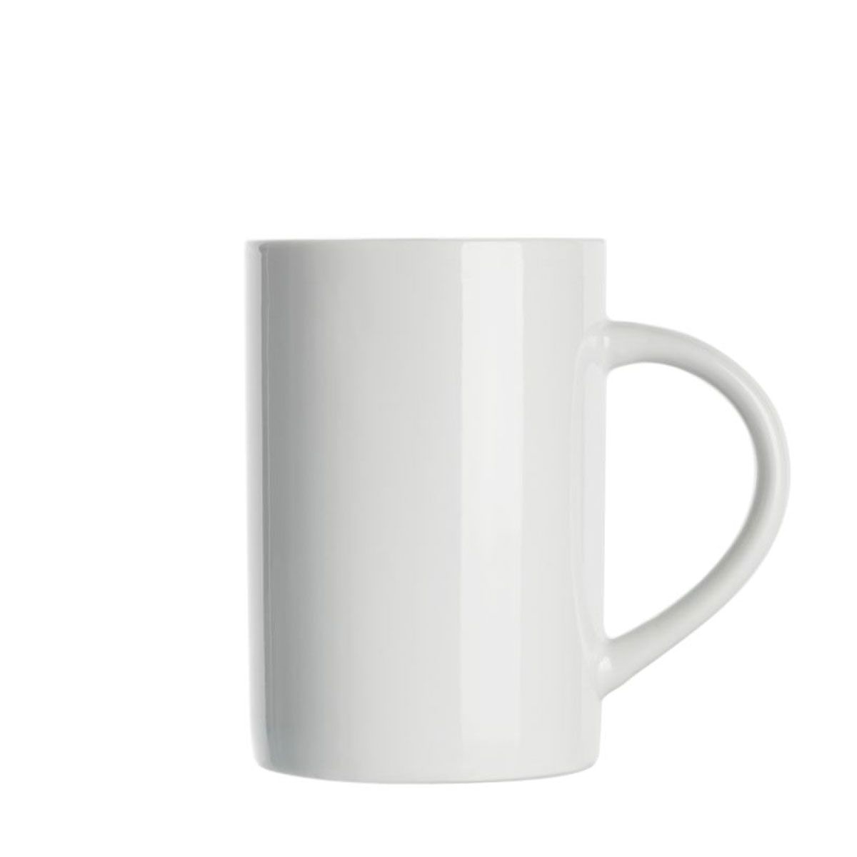 A single, empty, white ceramic mug with a handle against a white background.