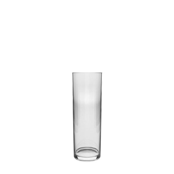Hohes, zylindrisches, leeres Trinkglas aus klarem Glas.