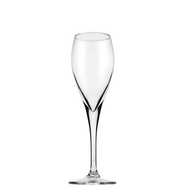 A single, empty champagne flute made of clear glass with a long, slender stem and a round base stands on a white background. The glass has a tulip-shaped bowl that slightly tapers towards the top.