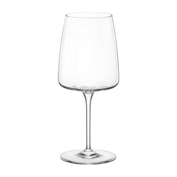 A tall, clear, and empty wine glass with a thin stem and a wide, round base, standing on a flat surface.
