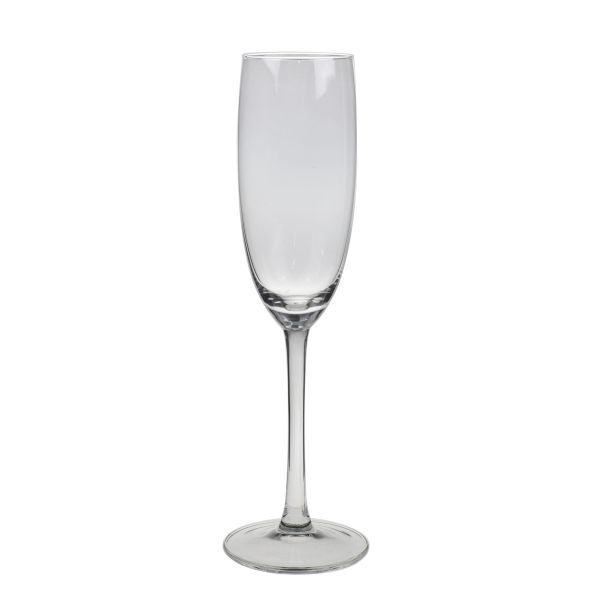 The image shows a single, empty champagne flute against a neutral, white background. The glass has a typical long, thin stem that transitions into a round base. The bowl is narrow and cylindrical, lacking the typical tulip-shaped widening. The glass is clear and without decorations.