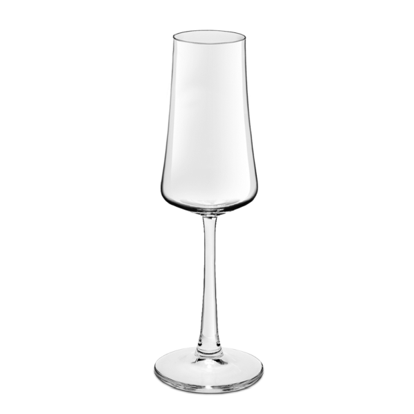 Ein einzelnes, leeres, klares Sektglas mit langem, schlankem Stiel und runder Basis vor einem weißen Hintergrund. Das Glas hat eine tulpenartige Form.