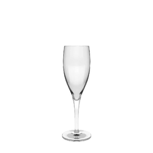 Elegantes, leeres Sektglas auf einem schlanken Stiel mit runder Basis.