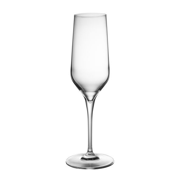 Schlankes, leeres Sektglas auf einem filigranen Stiel mit runder Basis.