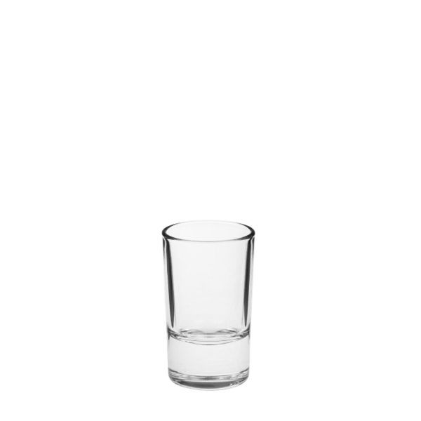 Klares, kleines Trinkglas mit geraden Wänden und einem abgesetzten, dickeren Boden, leer und vor weißem Hintergrund.