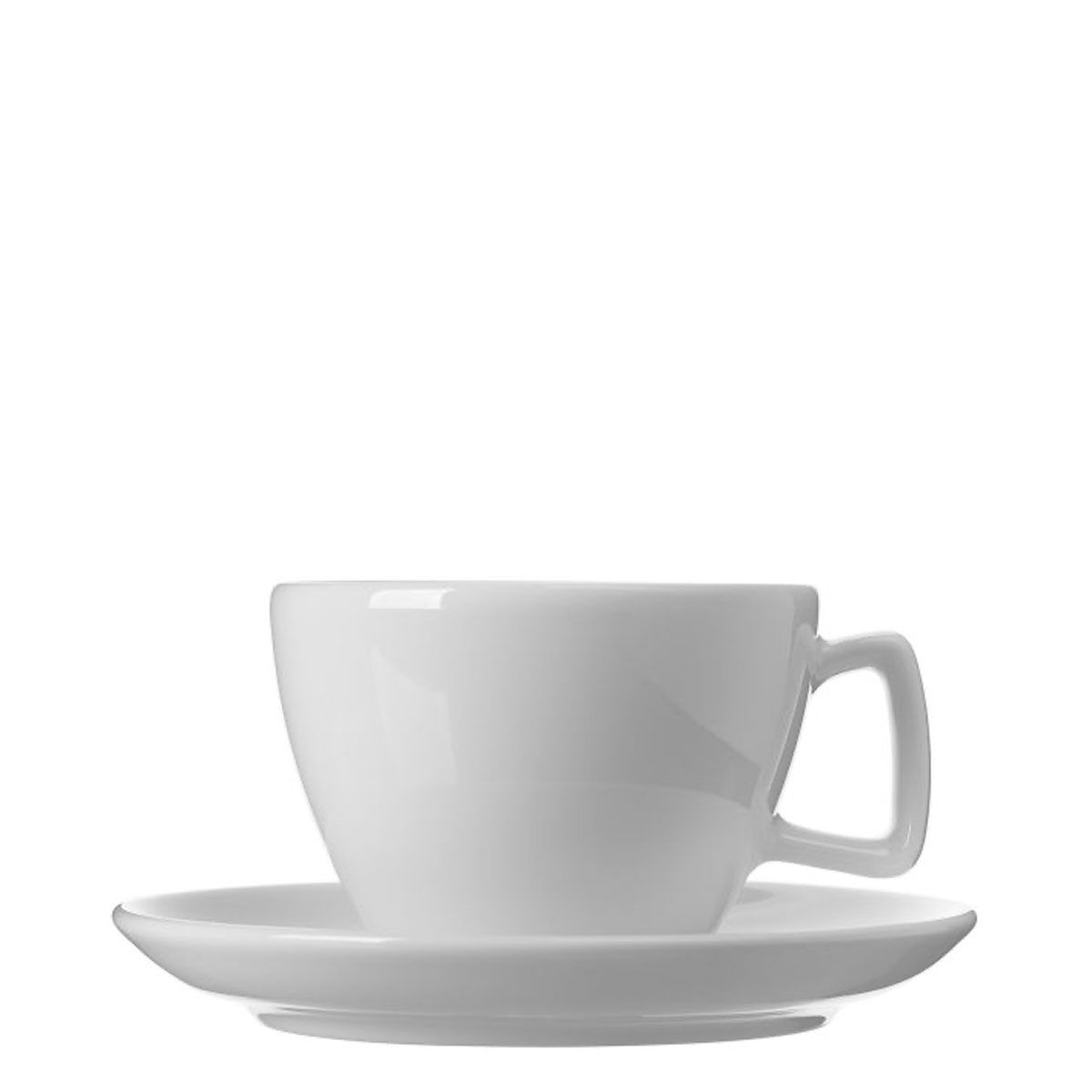 The image shows a single, empty, white cup on a matching white saucer against a pure white background. The cup is wide and slightly tapers towards the top. It has a handle on the right side. The saucer is flat and has a slight indentation in the center to hold the cup. Both pieces are made of smooth, white ceramic.