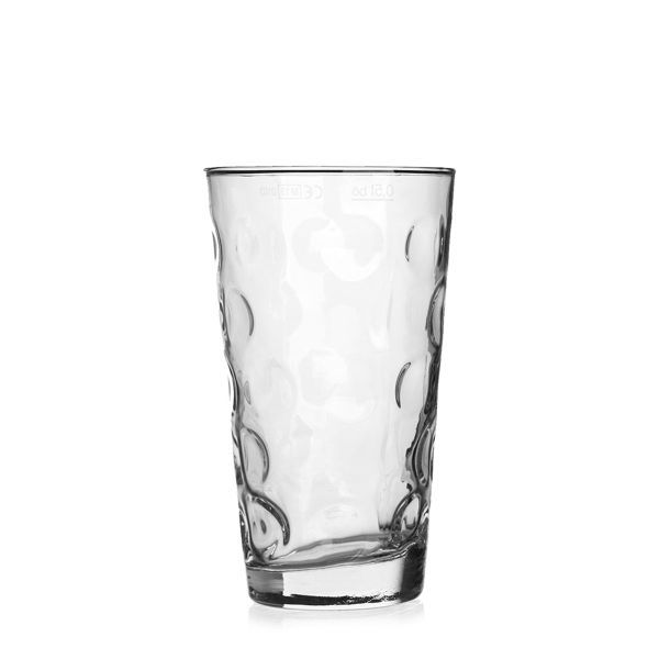 Single, clear drinking glass with a wavy texture and a slightly conical shape.