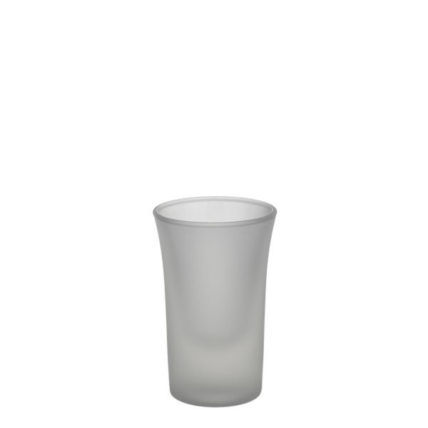 Mattiertes, zylindrisches Schnapsglas mit leicht geschwungenen Wänden und dickem Boden, leer und vor weißem Hintergrund.