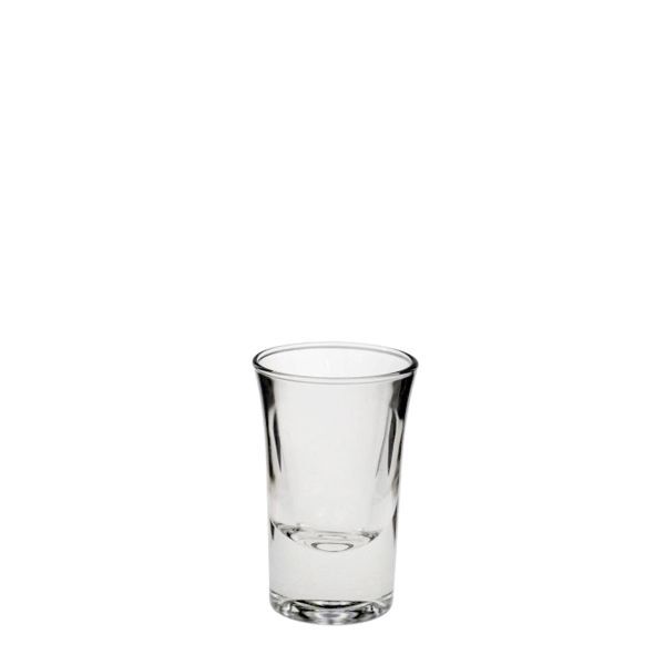 Klares Schnapsglas mit dickem Boden, konischer Form und geraden Wänden, leer und vor weißem Hintergrund.