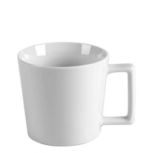 Single, black ceramic mug with a rectangular handle.