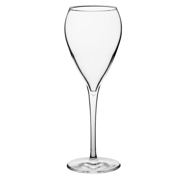 A single, empty, clear champagne flute with a long, slender stem and a round base against a white background. The glass has a tulip-like shape.
