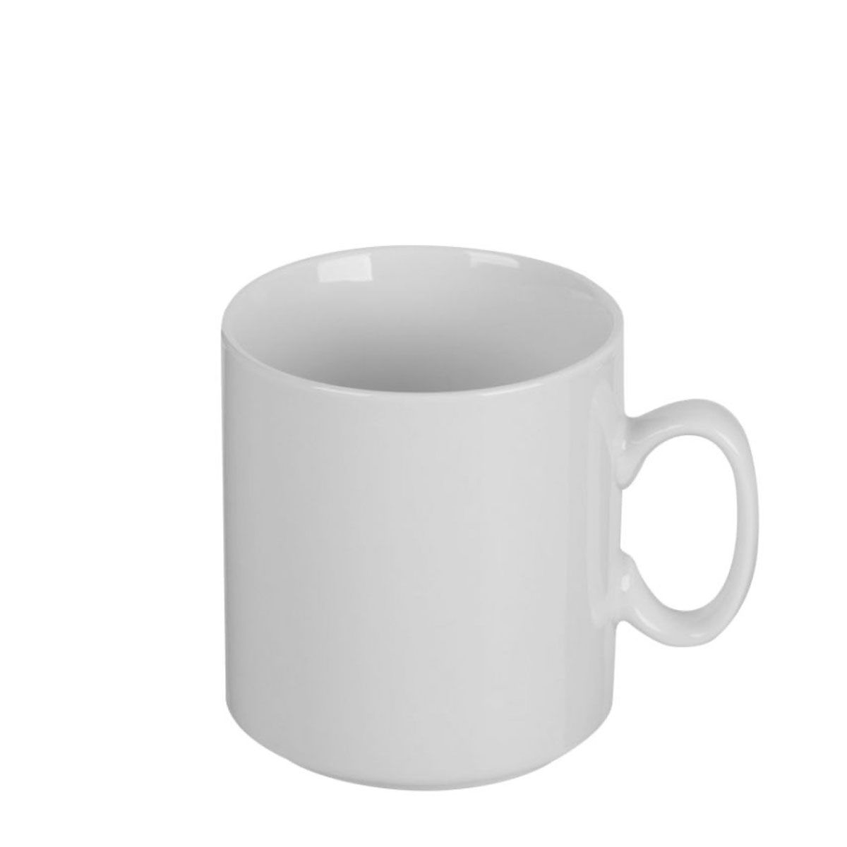 A single, empty, white ceramic mug with a handle stands on a white background.