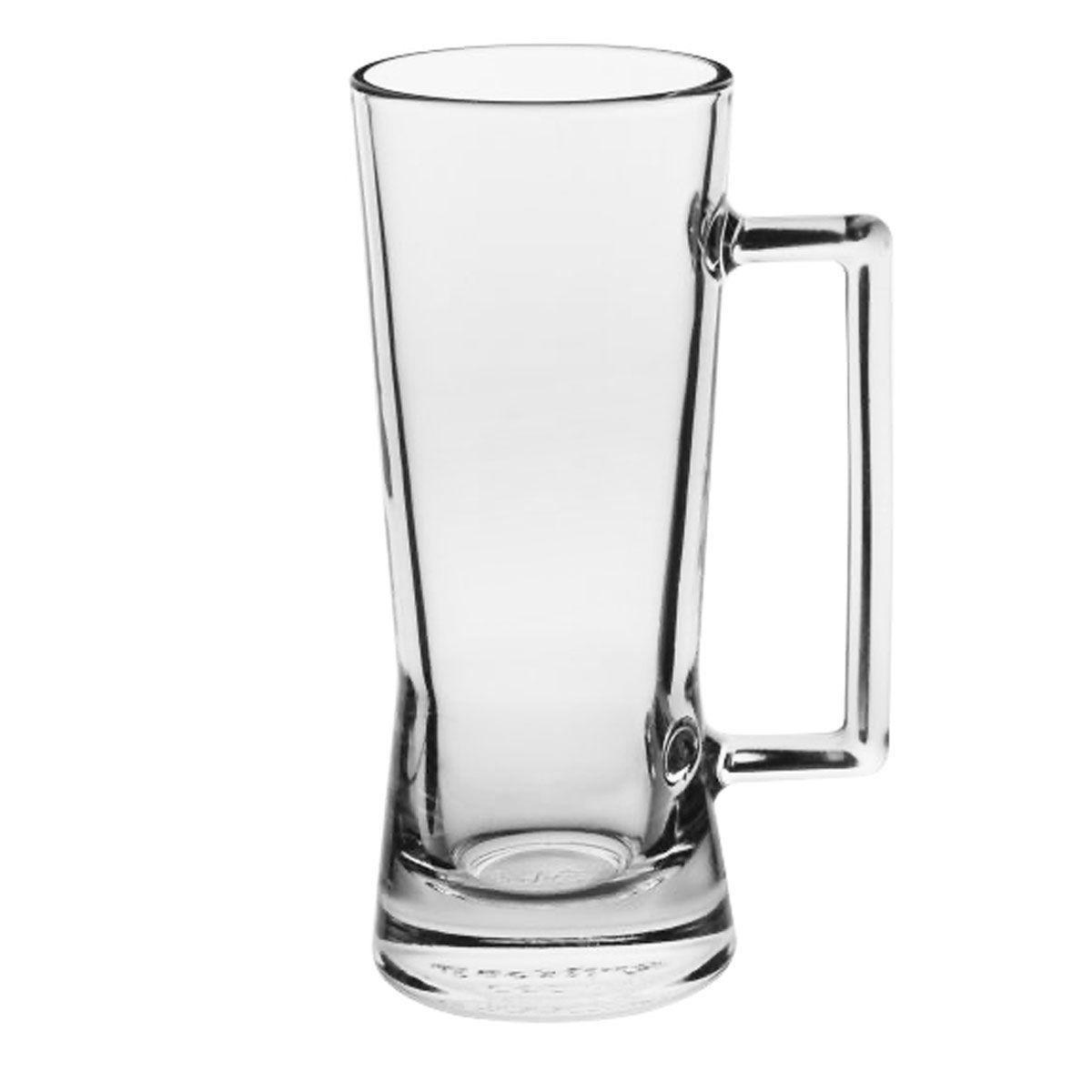 A single, empty, tall beer glass with a handle stands on a white background. The glass has a slightly waisted shape.