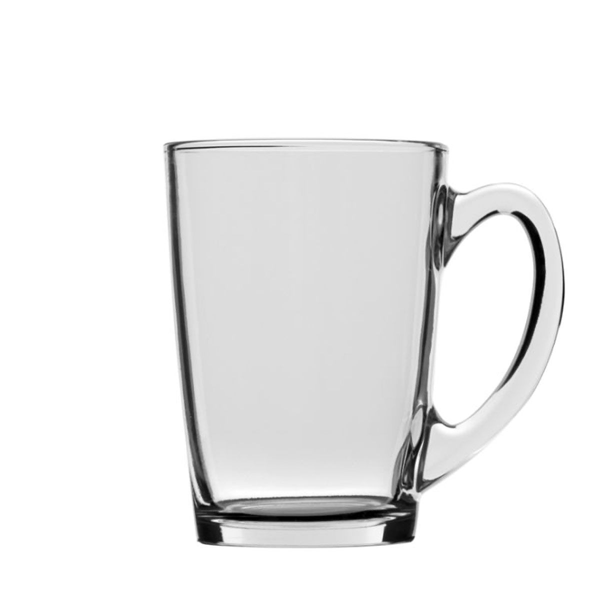 An empty, clear mug with a handle stands on a white background. The mug has a simple, slightly conical shape.