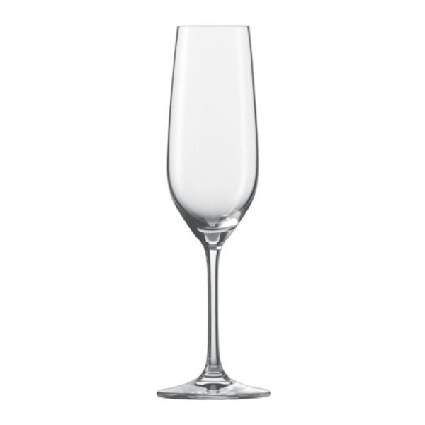 Modernes, leeres Sektglas mit langem Stiel und leicht abgerundetem Kelch.
