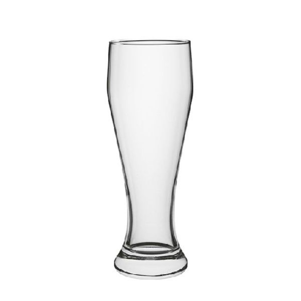 Klares Weizenbierglas mit schlanker Taille und leicht ausgestelltem oberen Teil, leer und vor weißem Hintergrund.
