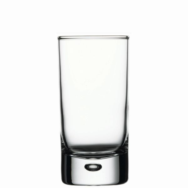 Ein einzelnes, leeres Longdrinkglas aus klarem Glas mit einem dicken, abgerundeten Boden steht auf einem weißen Hintergrund. Das Glas ist zylindrisch und hat eine gerade Form.