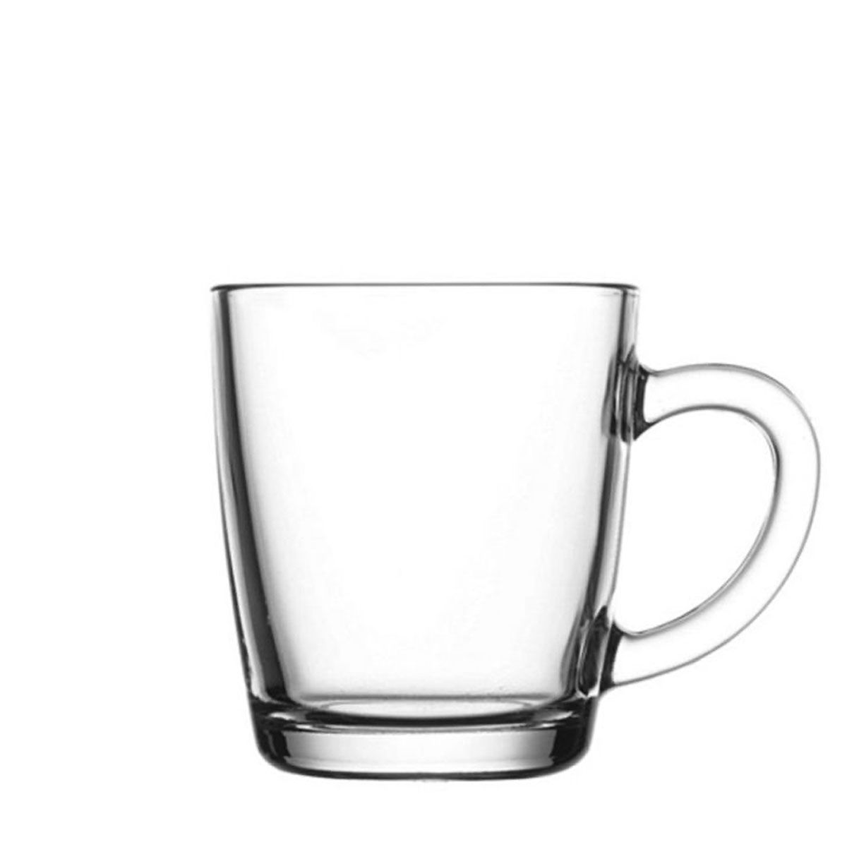 An empty, clear mug with a handle stands on a white background. The mug has a simple, slightly conical shape.