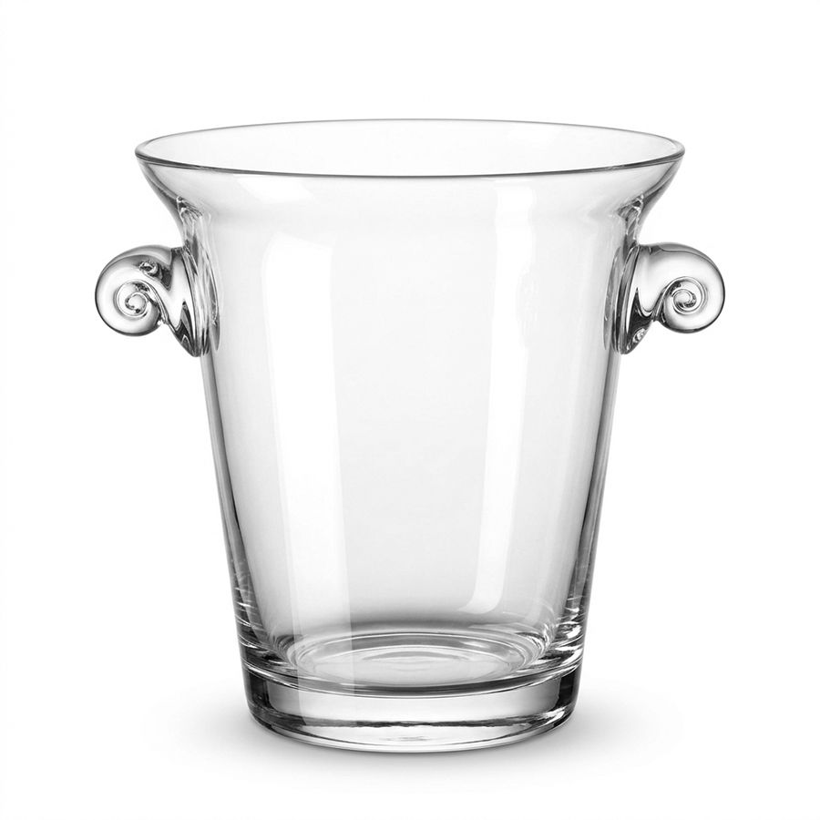 A single, empty glass champagne bucket with a slightly flared shape that widens toward the top stands against a white background.
