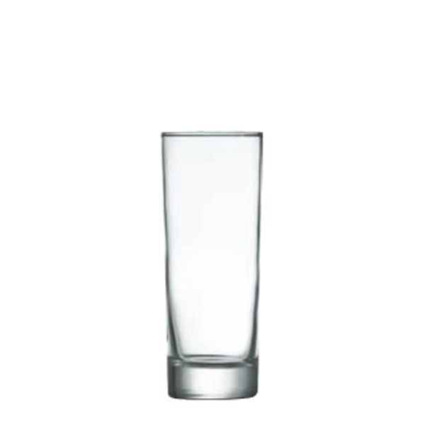 Ein einzelnes, leeres, klares, hohes Zylinderglas mit dickem Boden vor einem weißen Hintergrund.