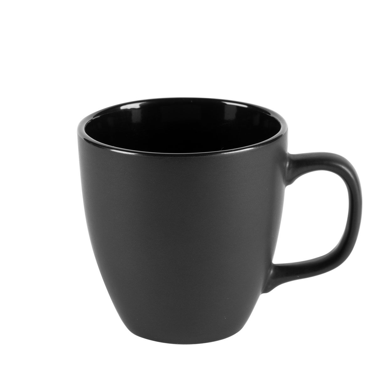 Matte black ceramic mug with a handle, empty and against a white background.