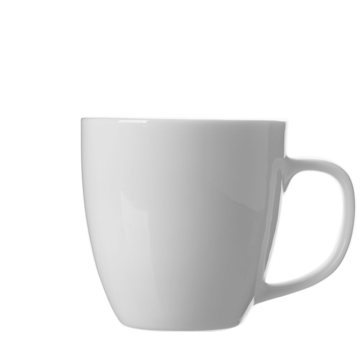 A single, empty, white ceramic mug with a handle, captured in a close-up shot against a blurred, light background.