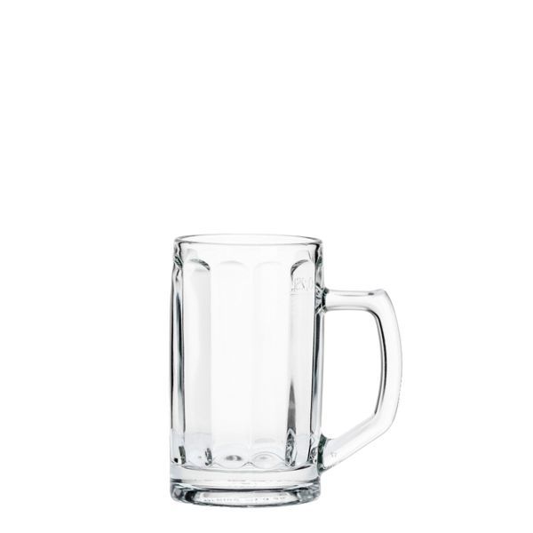 Ein einzelner, leerer Bierkrug aus klarem Glas mit einem Henkel steht auf einem weißen Hintergrund. Der Krug hat vertikale, abgerundete Einkerbungen und eine kleine Füllstandmarkierung '0.25'.