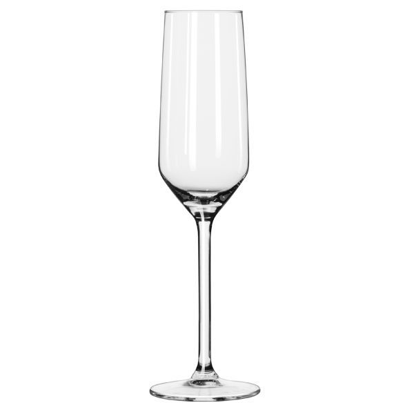 A single, empty, clear champagne flute with a long, slender stem and a round base against a white background. The glass has a slender, straight shape.