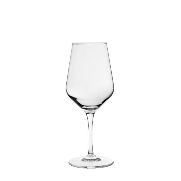 Elegant, empty wine glass with an angular bowl shape on a slender stem.