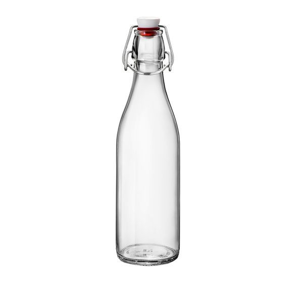 A single, empty glass bottle with a swing top stands on a white background.