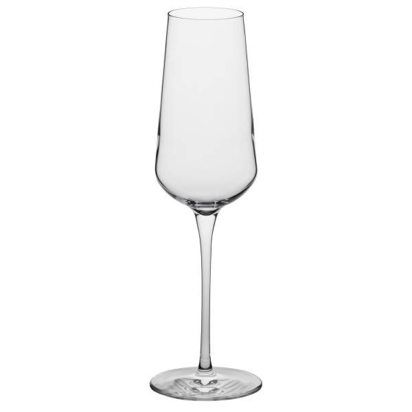 Ein einzelnes, leeres, klares Sektglas mit langem, schlankem Stiel und runder Basis vor einem weißen Hintergrund. Das Glas hat eine schlanke, leicht konische Form.