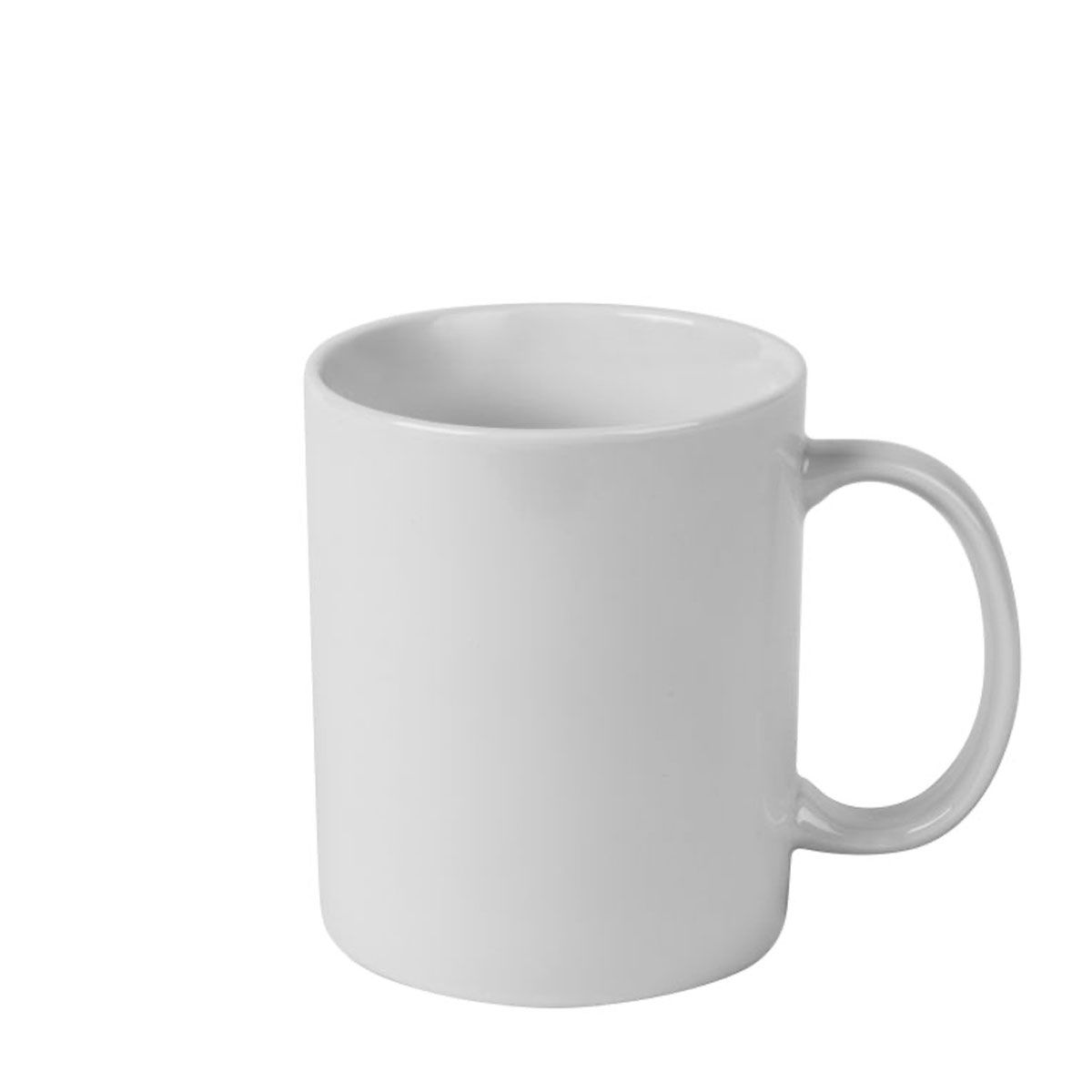 An empty, white ceramic mug with a handle stands on a white background. The mug has a simple, cylindrical shape.