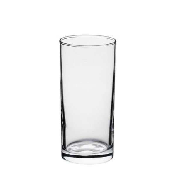 Klares, hohes Longdrinkglas mit geraden Wänden und einem leicht verdickten Boden, leer und vor weißem Hintergrund.