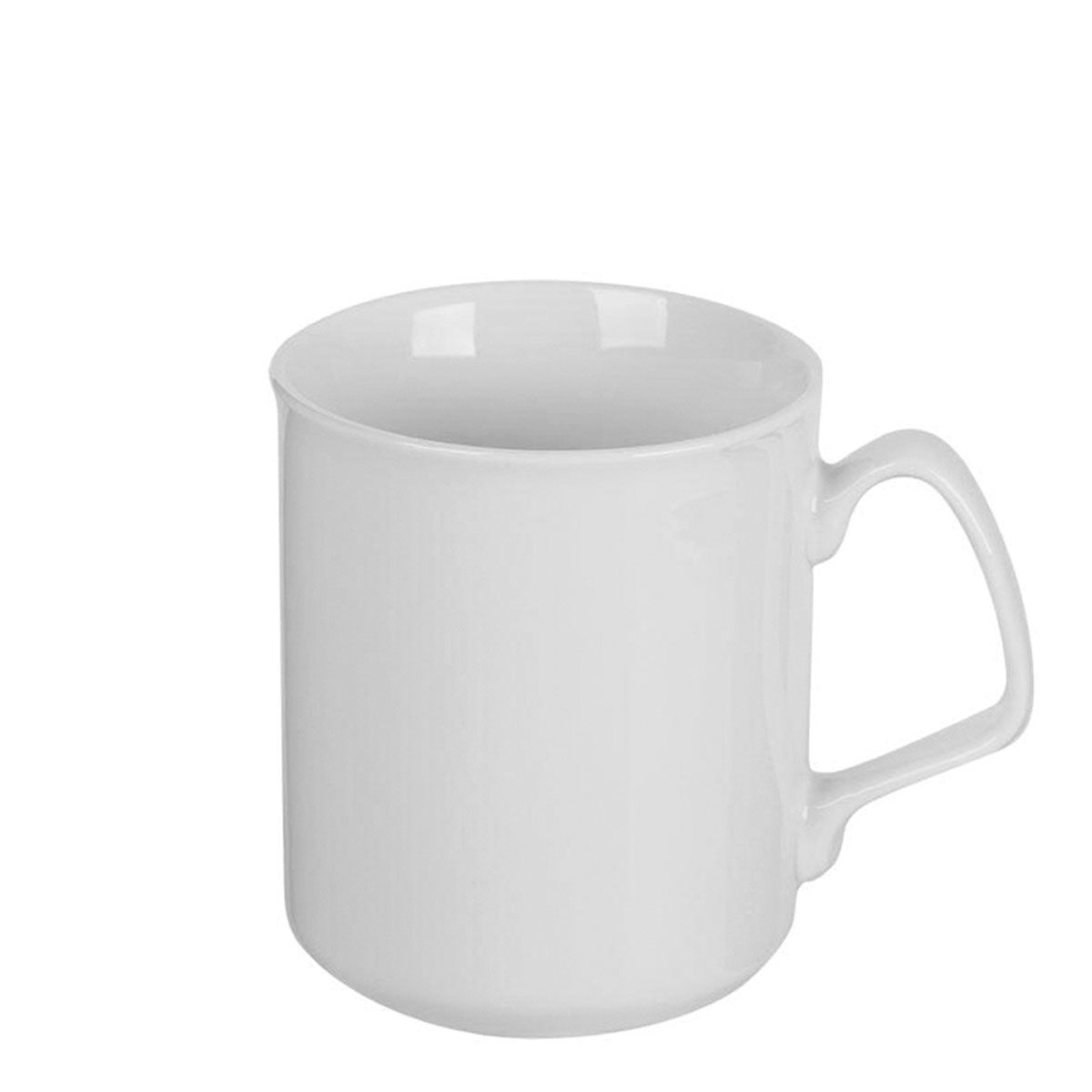 White ceramic mug with a handle, cylindrical shape, empty and against a white background.