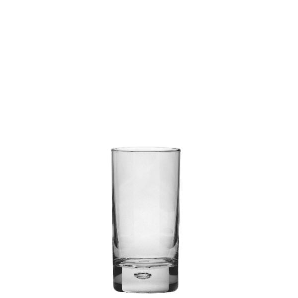 A single, empty highball glass made of clear glass with a thick, rounded base stands on a white background. The glass is short and cylindrical.