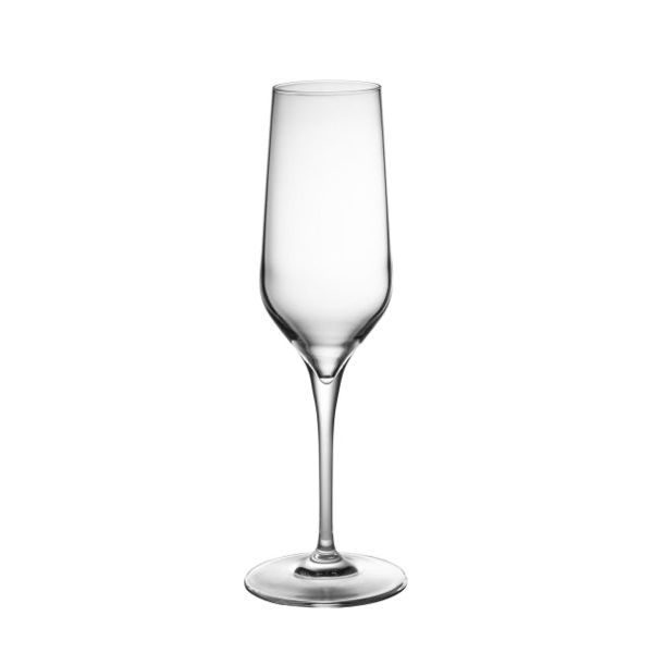 Schlankes, leeres Sektglas auf einem filigranen Stiel mit runder Basis.
