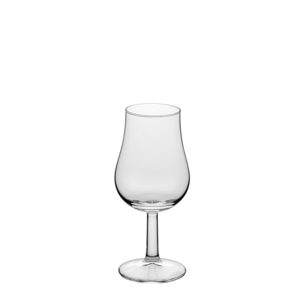 Clear wine glass on a slender stem with a round base and a bowl that tapers towards the top, empty and against a white background.