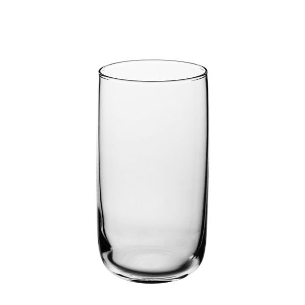 Ein hohes, klares, zylindrisches Trinkglas mit einem dicken Boden, auf einem weißen Hintergrund.
