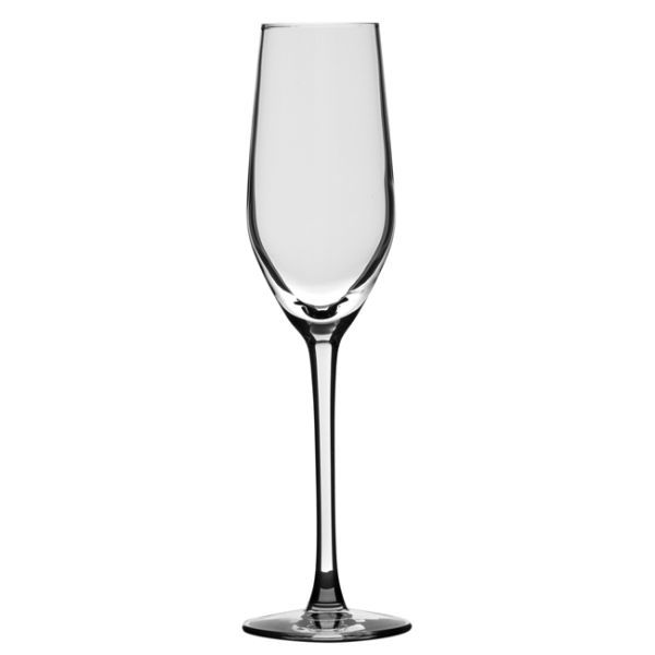 Modernes, leeres Sektglas mit langem Stiel und breiter Basis.