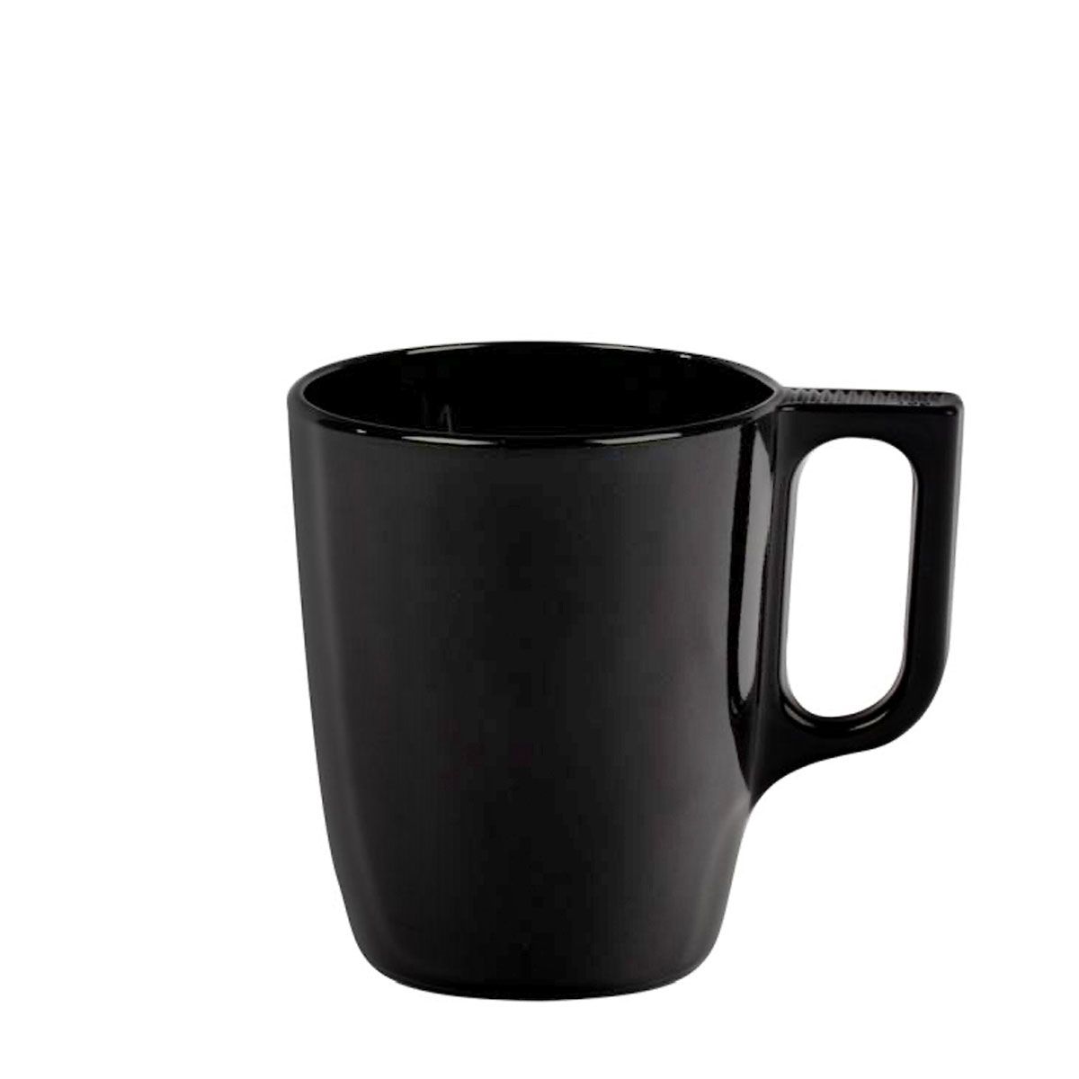 A single, empty, glossy black coffee mug with a rectangular handle, isolated against a white background.