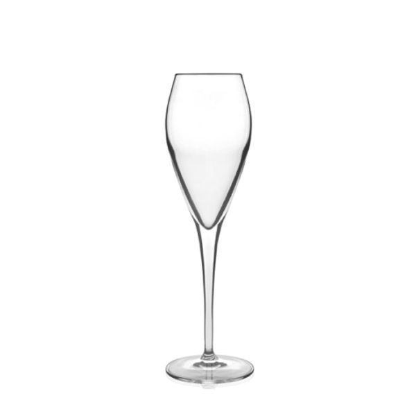 Ein hohes, schlankes Sektglas mit einem langen Stiel und einem sich leicht öffnenden Kelch, auf einem weißen Hintergrund.