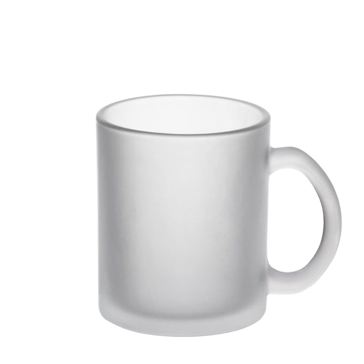 An empty beer mug made of frosted glass with a handle stands against a white background. The glass has a cylindrical shape with a slightly flared upper rim.
