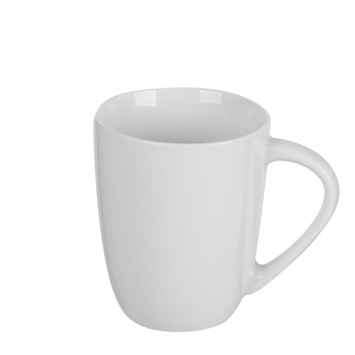 A single, empty, white ceramic mug with a handle, positioned slightly diagonally against a neutral background.