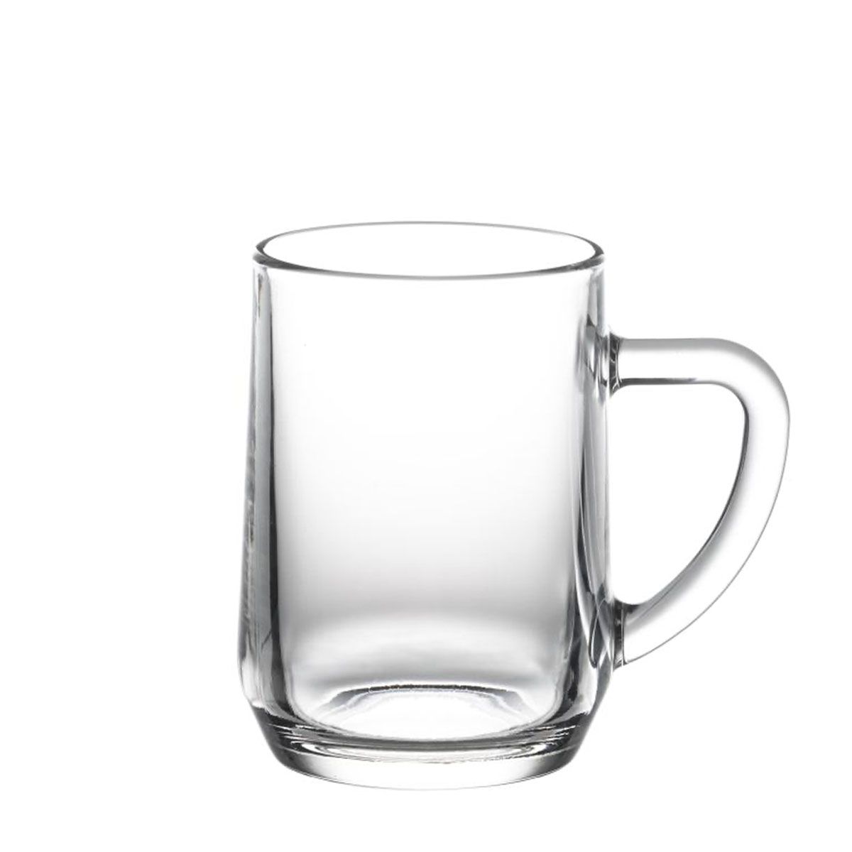 A single, empty beer mug made of clear glass with a handle stands on a white background.
