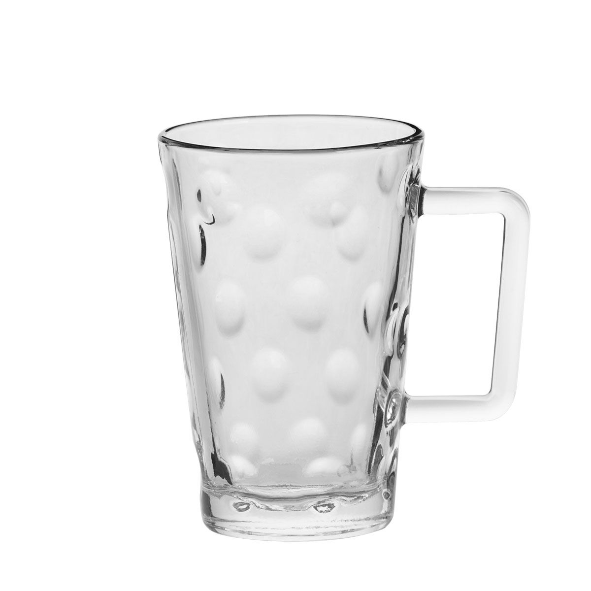 Single, clear glass mug with a handle and dotted, raised texture.
