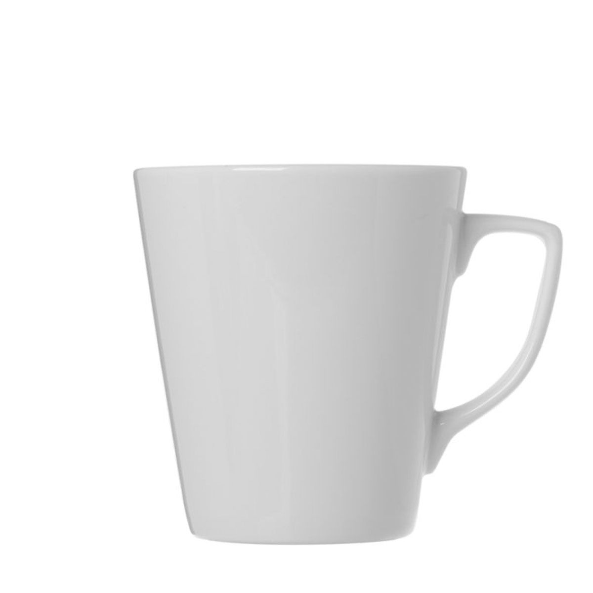 A single, empty, white ceramic mug with a handle stands on a white background.
