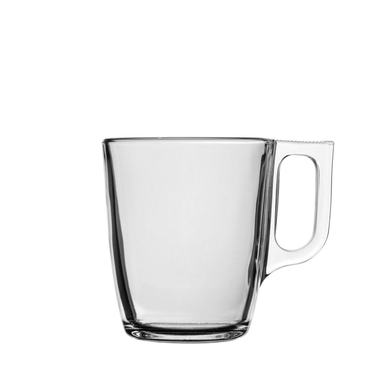 A single, empty, transparent glass coffee mug with a rectangular handle, isolated against a white background.